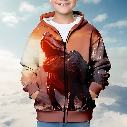 Jungen 3D Dinosaurier Kapuzenshirt Mantel Oberbekleidung Langarm 3D-Druck Herbst Winter Modisch Strassenmode Cool Polyester kinderkleidung 3-12 Jahre
