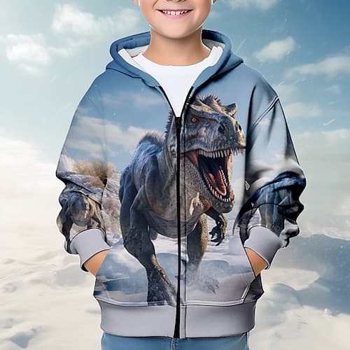 Jungen 3D Dinosaurier Kapuzenshirt Mantel Oberbekleidung Langarm 3D-Druck Herbst Winter Modisch Strassenmode Cool Polyester kinderkleidung 3-12 Jahre