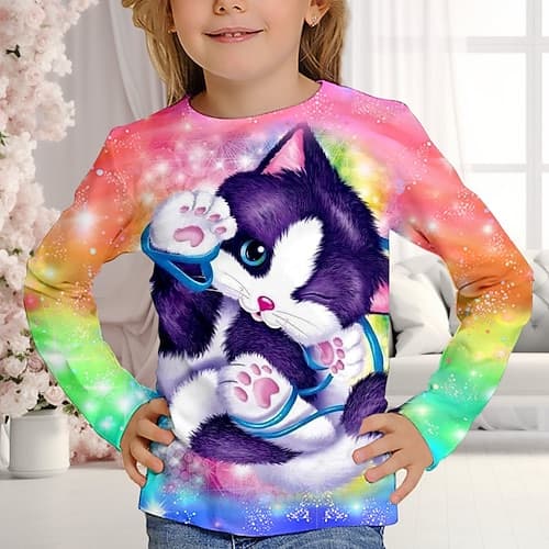 Jungen Mädchen 3D Tier Katze T-Shirt Langarm 3D-Druck Herbst Casual kinderkleidung 4-12 Jahre Schulanfang Regular Fit