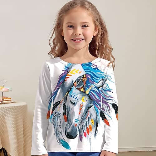Mädchen 3D Pferd T-Shirt Hemd Langarm 3D-Druck Frühling Herbst Aktiv Modisch Kuschelig Polyester kinderkleidung 3-12 Jahre Rundhalsausschnitt