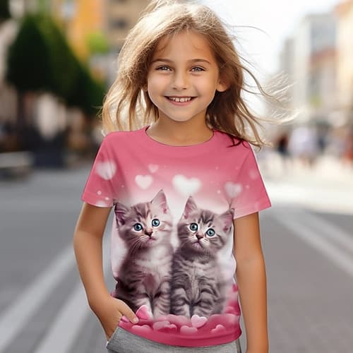Mädchen 3D Katze T-Shirt Hemden Rosa Kurzarm 3D-Druck Sommer Aktiv Modisch Kuschelig kinderkleidung 3-12 Jahre Rundhalsausschnitt Outdoor Casual