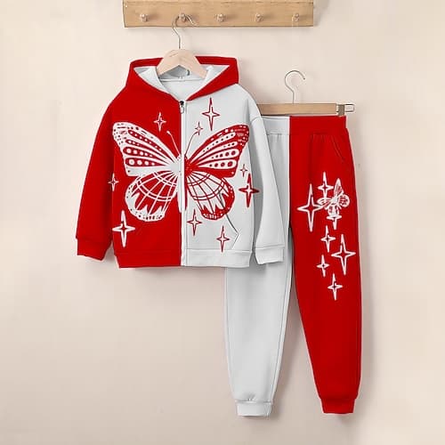 Mädchen 3D Schmetterling Set aus Kapuzenpullover und Jogginghose Langarm 3d Drucken Frühling Herbst Aktiv Modisch Kuschelig kinderkleidung 3-12