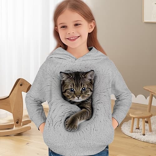 Mädchen 3D Katze Kapuzensweatshirt Pullover Langarm 3D-Druck Frühling Herbst Aktiv Mode Niedlich Kinder 3-12 Jahre Mit Kapuze Outdoor Lässig