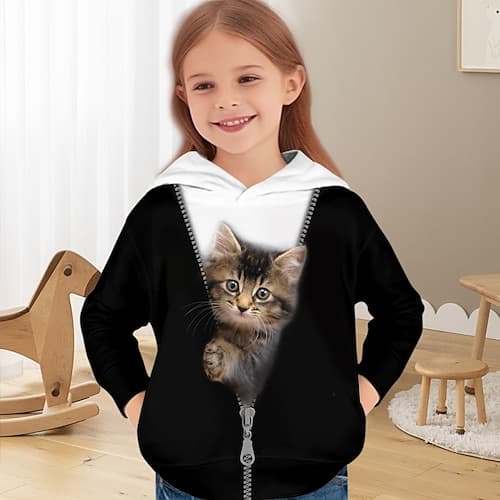 Mädchen 3D Katze Kapuzensweatshirt Pullover Langarm 3D-Druck Frühling Herbst Aktiv Mode Niedlich Kinder 3-12 Jahre Mit Kapuze Outdoor Lässig