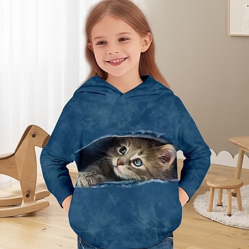 Mädchen 3D Katze Kapuzensweatshirt Pullover Langarm 3D-Druck Frühling Herbst Aktiv Mode Niedlich Kinder 3-12 Jahre Mit Kapuze Outdoor Lässig