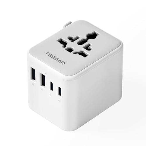 TESSAN Reiseadapter Weltweit mit 2 USB A und 2 USB C, Grau | Universal Reisestecker, Internationaler Steckdosenadapter, Travel Adapter für England