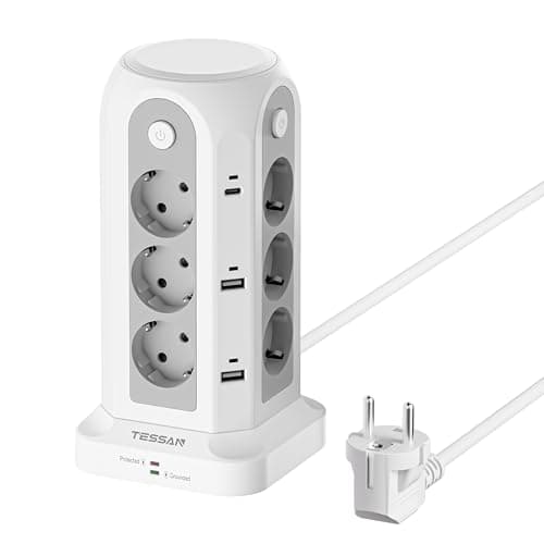 TESSAN Mehrfachsteckdose mit USB, Verlängerungskabel 2M, Weiß | 12 Fach Steckdosenleiste mit 4 Einzelnen Schalter, 2 USB C und 4 USB A,