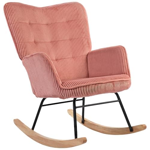 HOMCOM Schaukelstuhl mit Kordimitat Armlehne bis 120kg Rosa | Schaukelsessel, Gepolsterter Sessel mit Hoher Rückenlehne, Holzkufen, Moderner
