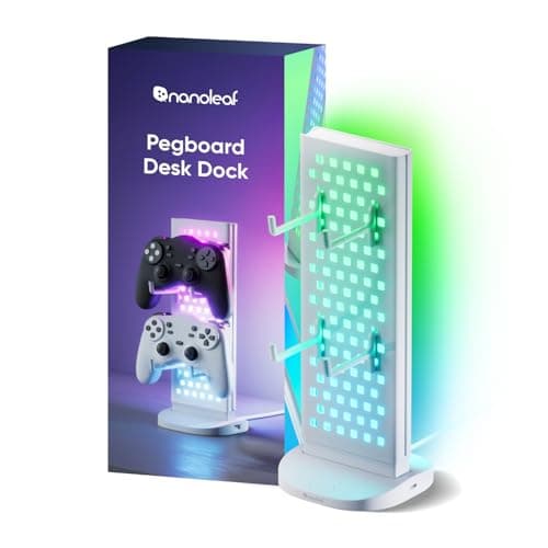 Nanoleaf Pegboard Schreibtisch Dock Weiß, 3 in 1 RGBIC Tischlampe mit Controller/Kopfhörer Halter, Doppelseitige Lichteffekte, USB-C Dock, Musik &