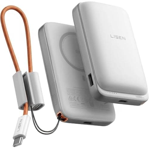 LISEN Qi2.2 25W MagSafe Powerbank, Power Bank 45W PD Schnellladen &10000mah Flugzulassung, Robuster Zylindrische Zellen, Removable USB-C Cable für
