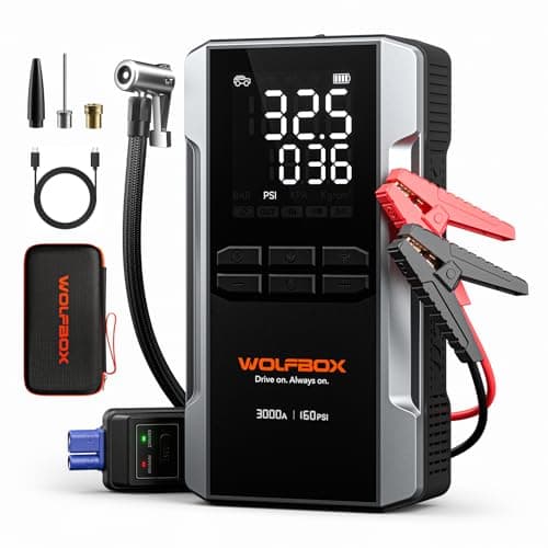 WOLFBOX 3000A Starthilfe mit 160PSI Kompressor bis zu 8L Benzin/6L Diesel | 12V Batterie-Booster, 59.2Wh/16000mAh, 65W Schnellladung, Luftkompressor,