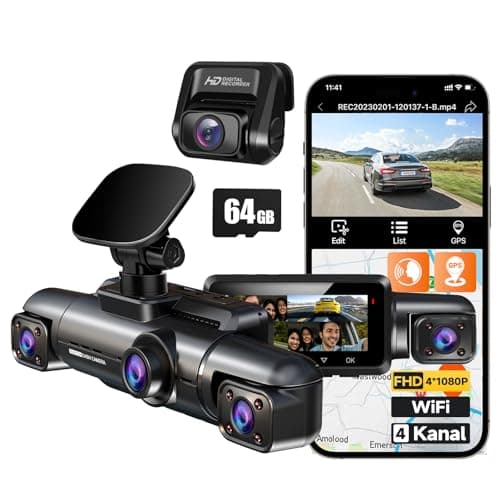 HUPEJOS 360° Dashcam Auto Vorne Hinten, 4 Kanal Dash Cam Auto Kamera, V60 | Inklusive 64GB SD-Karte, WDR-Nachtsicht (8 IR-LEDs), WiFi GPS,150°