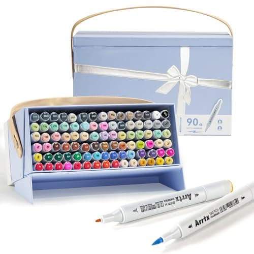 Arrtx Alkoholmarker, 90 Farben, Doppelspitze (Pinsel & Fein), hochwertige Skizzenmarker mit Etui, hochpigmentierte Marker zum Mischen und Zeichnen