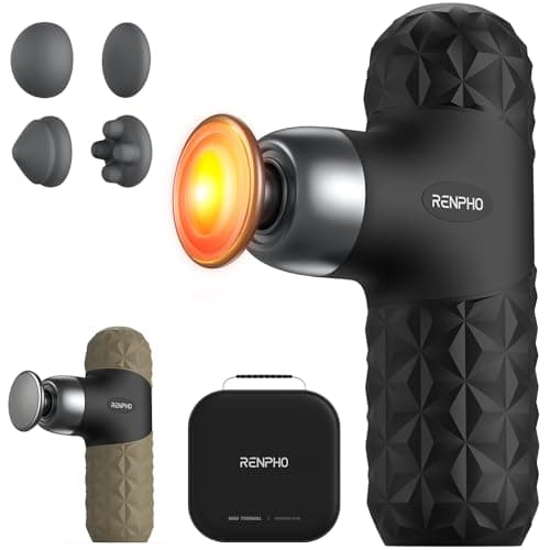 RENPHO Mini Massagepistole mit Wärmefunktion für Reisen Entspannung | Tragbare, Ultraleise Mini-Massagepistole mit 4 Stufen, 4 Aufsätzen und