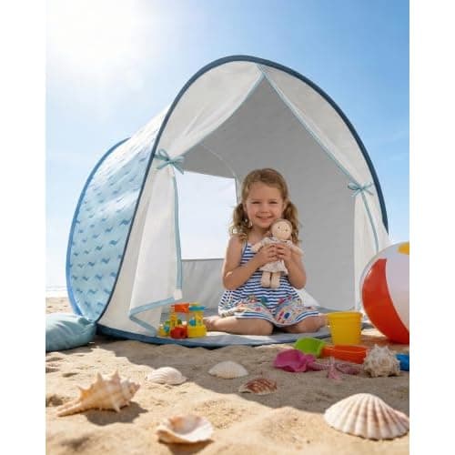 Strandmuschel Pop-Up Baby & Kinder - Strandzelt Windschutz (Blau) | UV-Schutz UPF 50+, automatischer Aufbau, inkl. Tragetasche & Heringe, Sommer