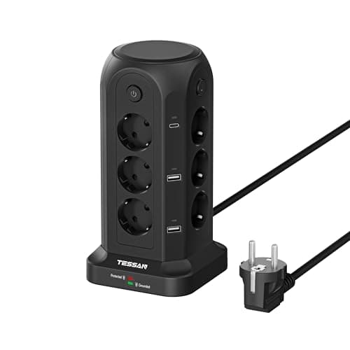 TESSAN Mehrfachsteckdose mit USB, Verlängerungskabel 2M, Schwarz | 12 Fach Steckdosenleiste mit 4 Einzelnen Schalter, 2 USB C und 4 USB A,