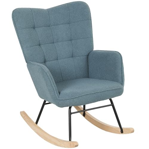 HOMCOM Schaukelstuhl mit Lammfellimitat Armlehne bis 120kg Hellblau | Schaukelsessel, Gepolsterter Sessel mit Hoher Rückenlehne, Holzkufen, Moderner