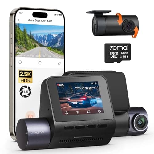 70mai Dash Cam Vorne und Hinten A410, 2.5K 1440P+1080P Dual Dash Kamera mit HDR, Super Nachtsicht, F1.55 Blende, 24H Parkmodus, Eingebautes Wi-Fi &