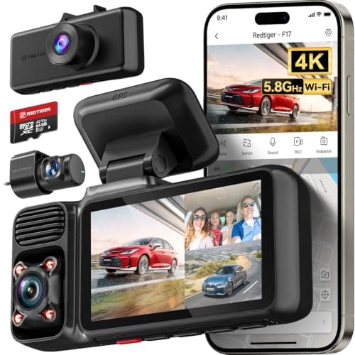 REDTIGER F17 4K 3-Kanal Dashcam, 5G WiFi mit GPS und 64GB Karte, Parkmodus | 4K+1080P+1080P Dashcam Auto Vorne Hinten und Innen, Loop-Aufnahme,