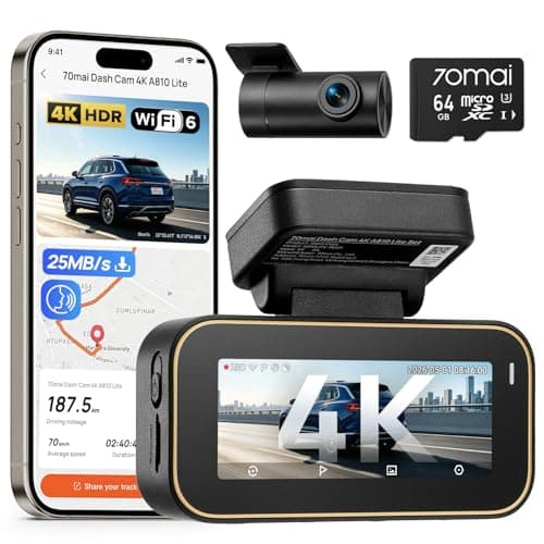 70mai A810 Lite Dashcam Vorne Hinten, 4K Dashcam 2160P+1080P mit 64GB Karte, 24H Parküberwachung, 4G LTE Fernzugriff unterstützt,