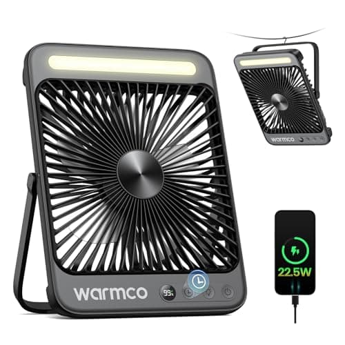 Warmco D4 Pro Camping Ventilator 20000mAh, 18W Laden, 22,5W Ausgang | 48 Std. Laufzeit, 8H Timer, LED-Licht & Haken, Leiser Ultraflacher Ventilator
