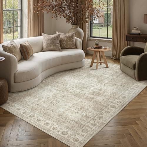 PureCozy Vintage Teppich Wohnzimmer 120x170cm Beige Waschbar Rug | Groß Teppiche,Waschbarer,Rutschfest,Weich Kurzflor,für