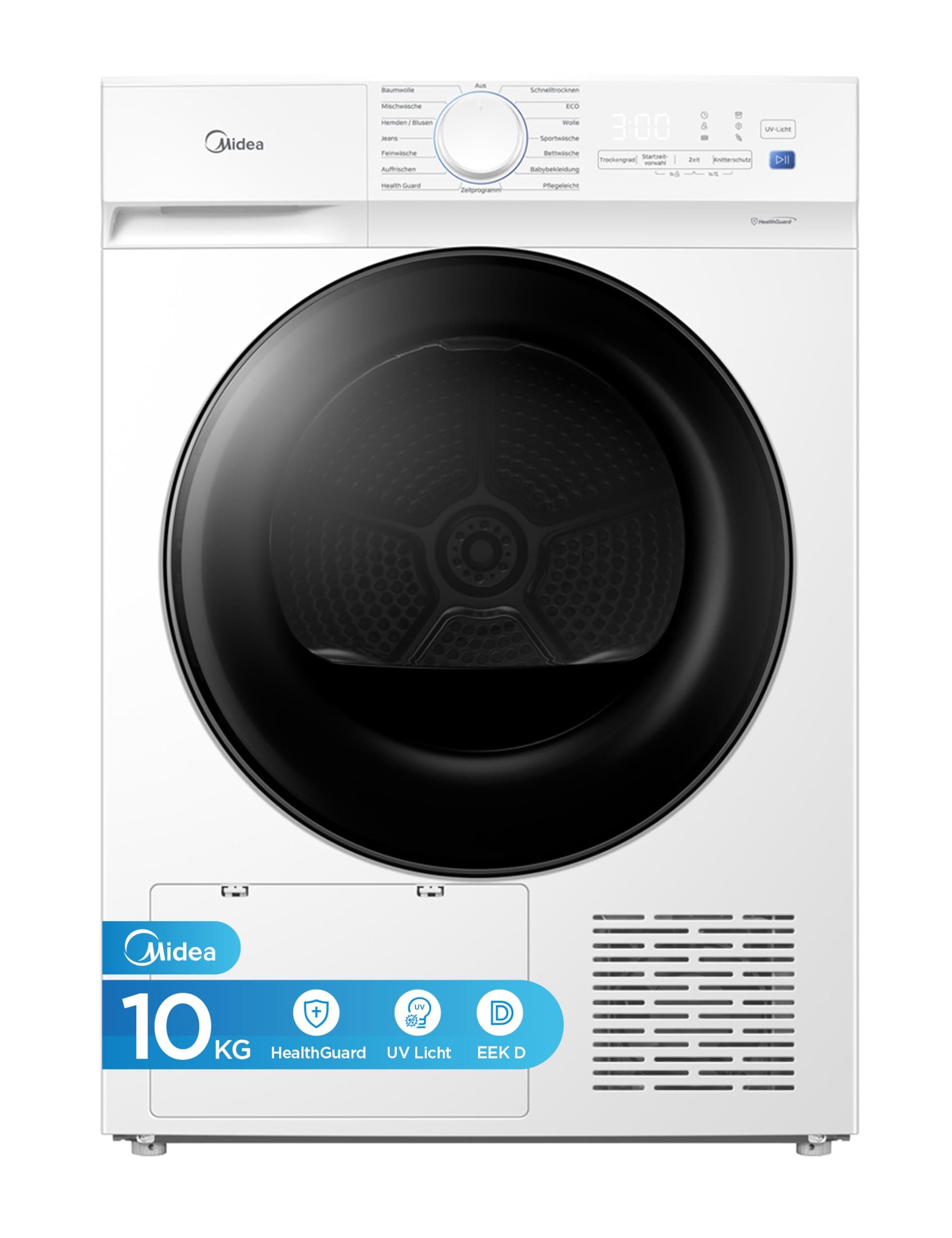 Midea V3 series Wärmepumpentrockner 10 kg Energieklasse D Weiß MDV3EH100D | UV-Licht für hygienische Reinheit, Knitterschutz, LED-Display,