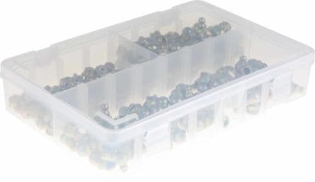 RS PRO Schmiernippelkit enthält H1 gerade 10x1 mm (x50), H2-45 10x1 mm (x50), H3-90 10x1 mm (x50), Box