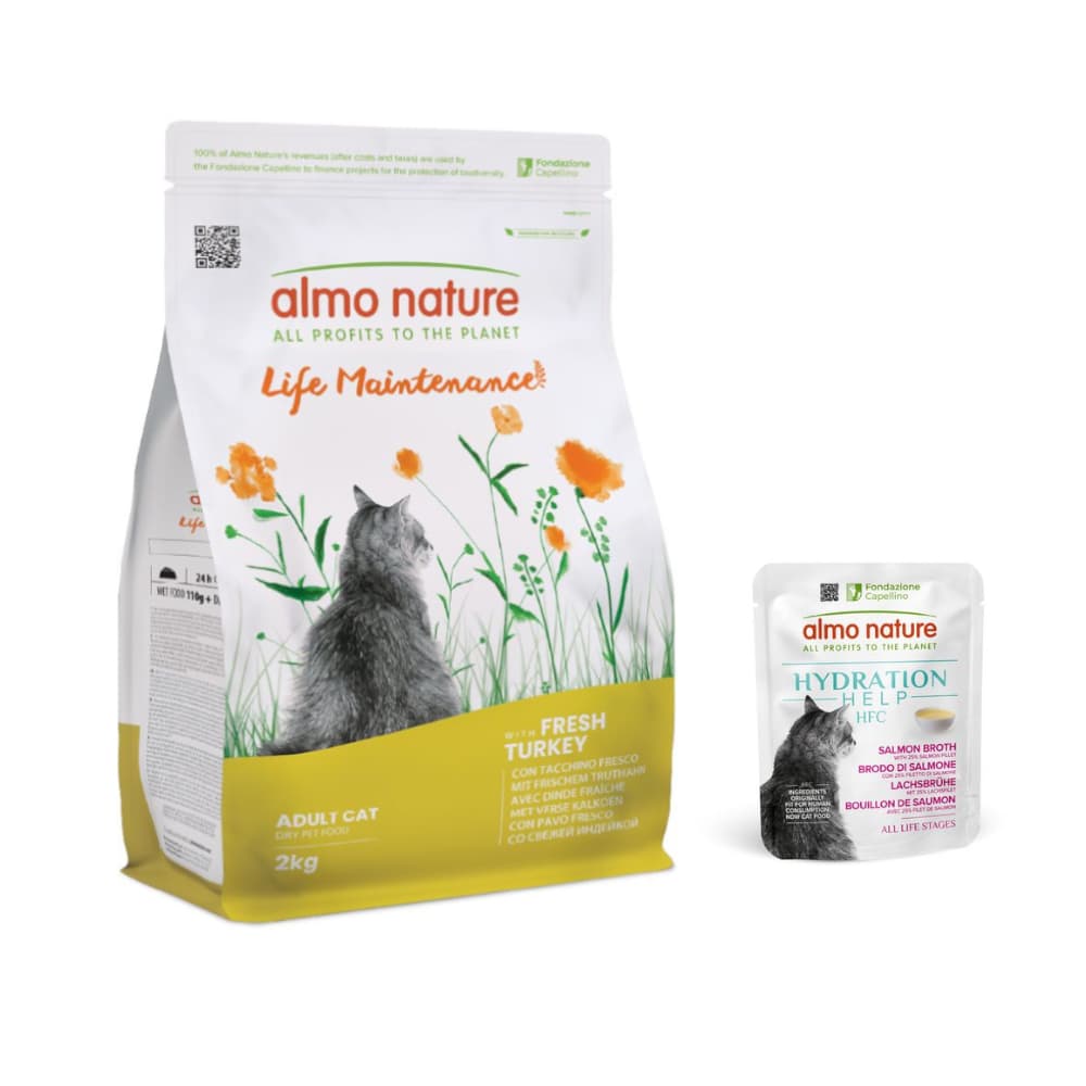 2 kg Almo Nature Functional + 6 x 50 g HFC Hydration Help gratis! - Life Maintenance Truthahn & Reis + 6 x 50 g  Lachsbrühe mit Lachsfilet