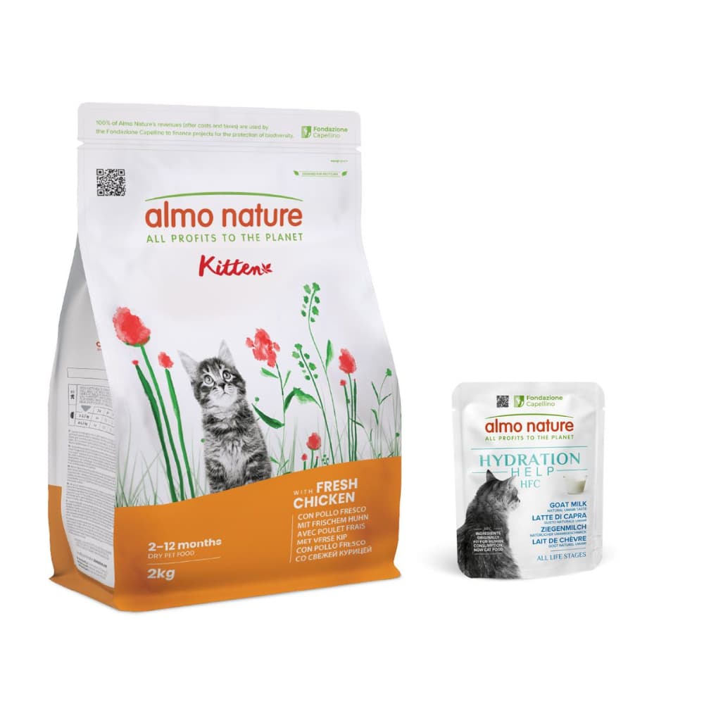 2 kg Almo Nature Functional + 6 x 50 g HFC Hydration Help gratis! - Kitten Huhn & Reis +  6 x 50 g Ziegenmilch