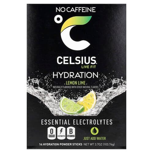 Celsius, Live Fit, Hydration, Essential Electrolytes, essenzielle Elektrolyte, ohne Koffein, Zitrone-Limette, 14 Hydration Powder Sticks, je 7,41 g