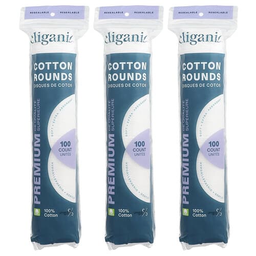 Cliganic, Premium Cotton Rounds, Premium-Baumwolltücher, 3 Packungen, je 100 Stück
