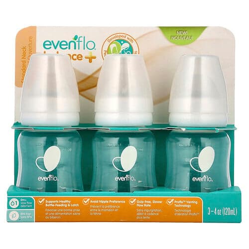 Evenflo Feeding, Balance+ Flaschen, Standard, 0+ Monate, Slow Flow, 3 Flaschen, je 120 ml (4 oz.)