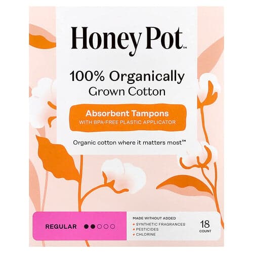 The Honey Pot Company, 100% Organic Cotton Absorbent Tampons, saugfähige Tampons aus 100% biologisch angebauter Baumwolle, normal, 18 Stück