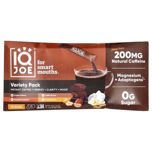 IQBAR, IQJOE®, Instant Coffee For Energy + Clarity + Mood, Instant-Kaffee für Energie + Klarheit + Stimmung, Sortenpackung, 16 Sticks, je 8 g (0,28