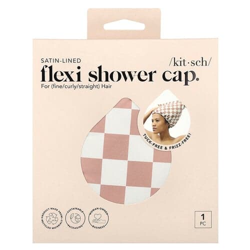 Kitsch, Satin-Lined Flexi Shower Cap, mit Satin gefütterte Flexi-Duschhaube, Terrakotta-Karo, 1 Stück