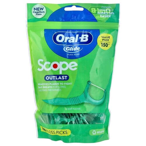 Oral-B, Glide, Scope Outlast Floss Picks, Minze, 150 Zahnseide-Sticks