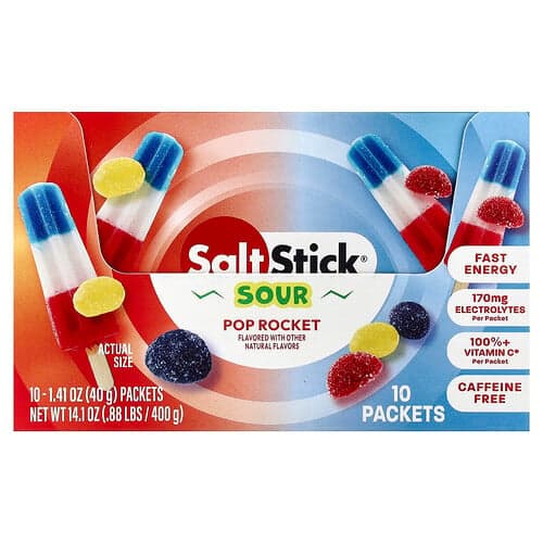 SaltStick, Energy Gummies, Energie-Fruchtgummis, Sour Pop Rocket, 10 Päckchen, je 40 g (1,41 oz.).