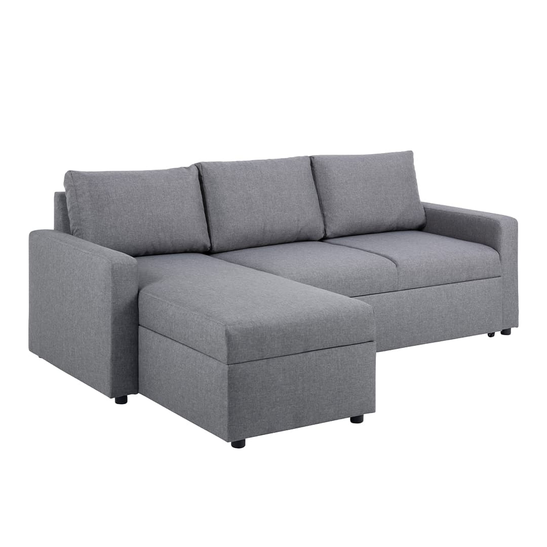 Sander Schlafsofa mit Ottomane, Aufbewahrung und Auszug grau.