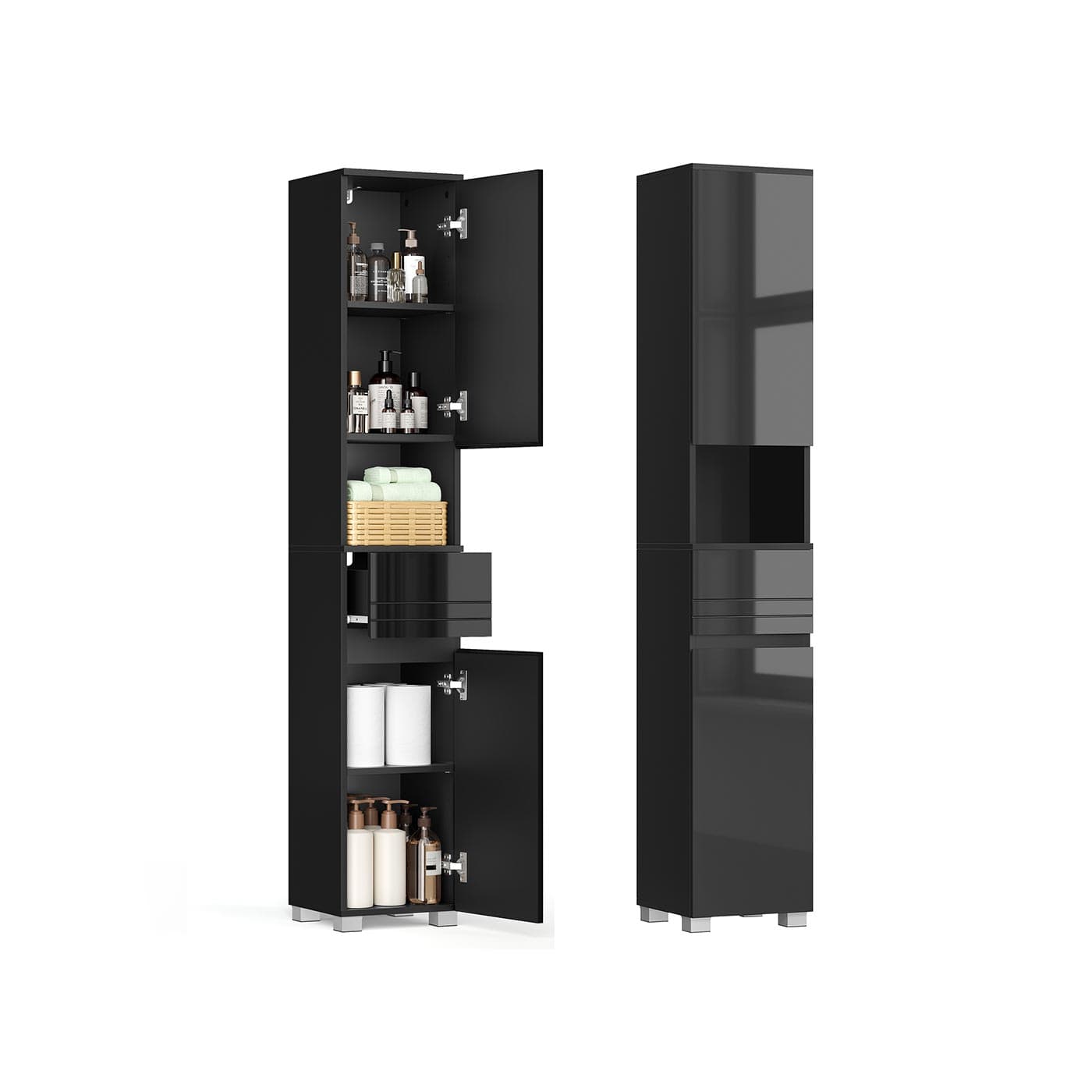 Schmaler Hochschrank mit Glastür und Füßen Tintenschwarz