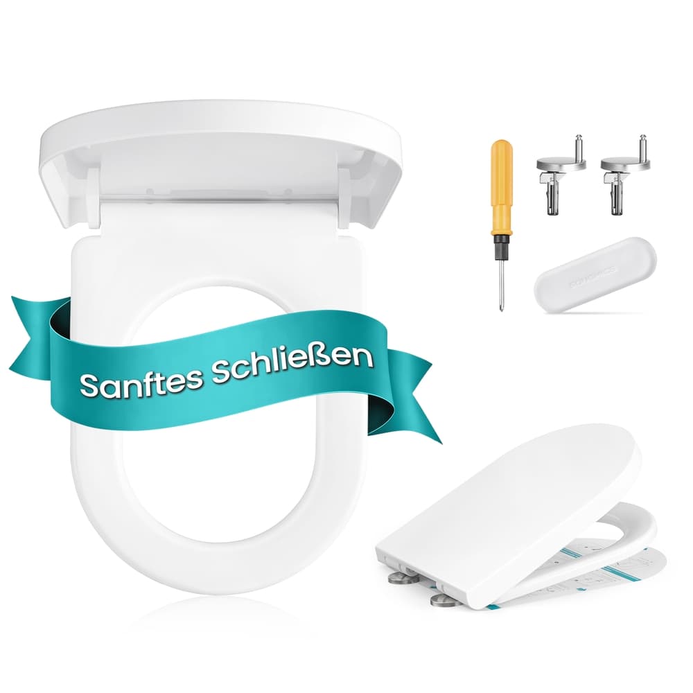 Toilettensitz D-Form Lang mit Absenkautomatik und Abnehmbarem Deckel weiß