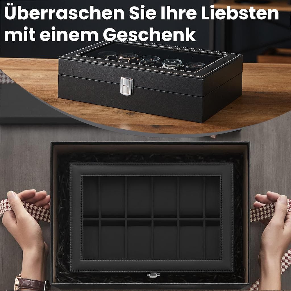Uhrenbox mit 12 Fächern, Uhrenkasten, Glasdeckel