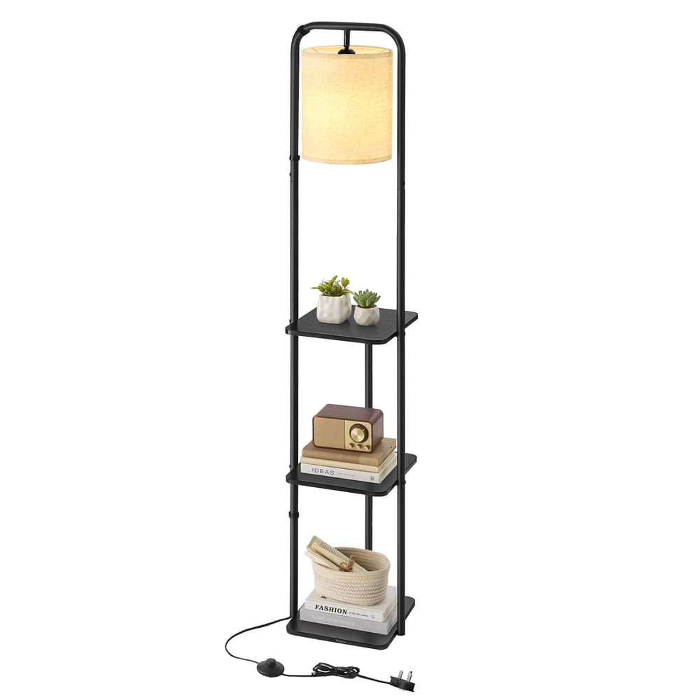 Standleuchte mit 3 Ablagen, Stehlampe mit einer LED-Glühbirne und Fußschalter, schwarz