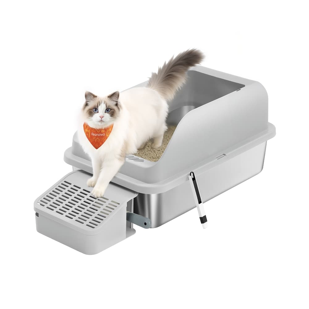 Edelstahl Katzentoilette mit hohem Rand und Zubehör