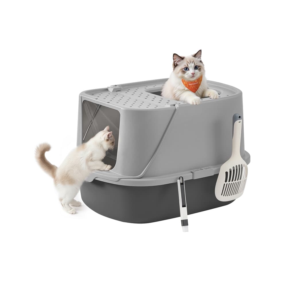 Geschlossene Katzentoilette mit Schaufel und Bürste