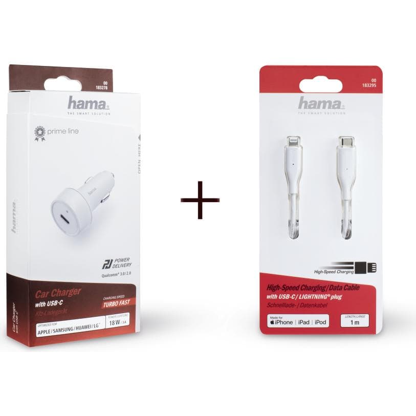 Hama Kfz-Ladeset USB-C + Lightning Kabel, Auto Adapter, Weiss