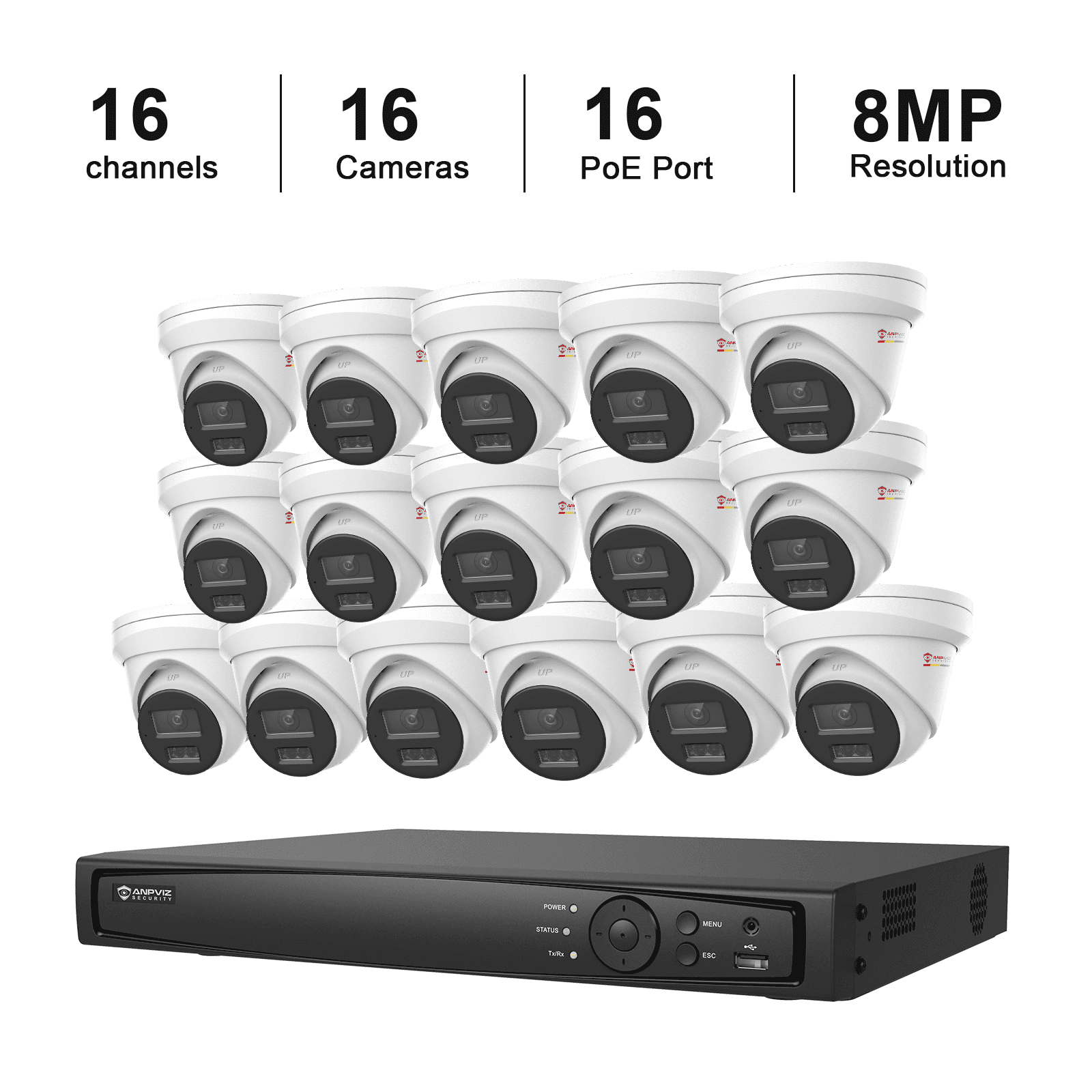 USA Only Anpviz 16CH PoE Security Camera Solution with 12MP NVR for 24/7 Recording, 16pcs 8MP PoE Cameras with Mic, Smart Dual Light Color Night