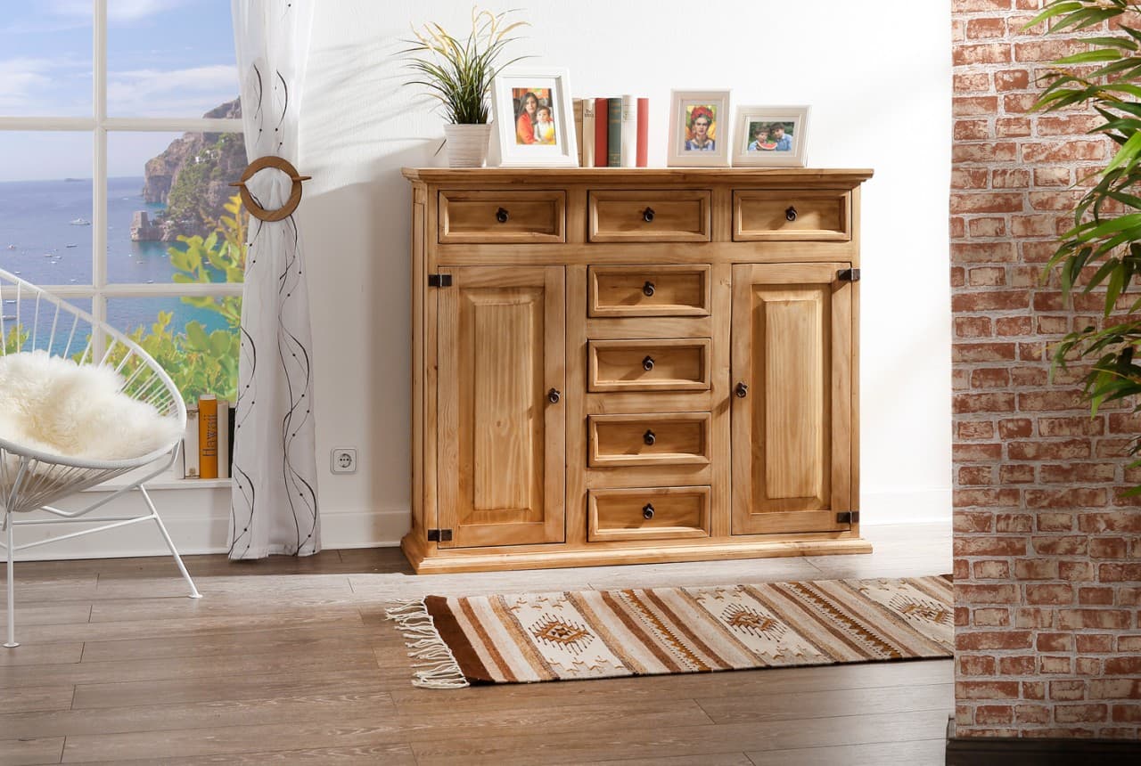 Landhaus Highboard Schrank aus Mexiko - Pinie massiv - handgefertigt - montiert geliefert