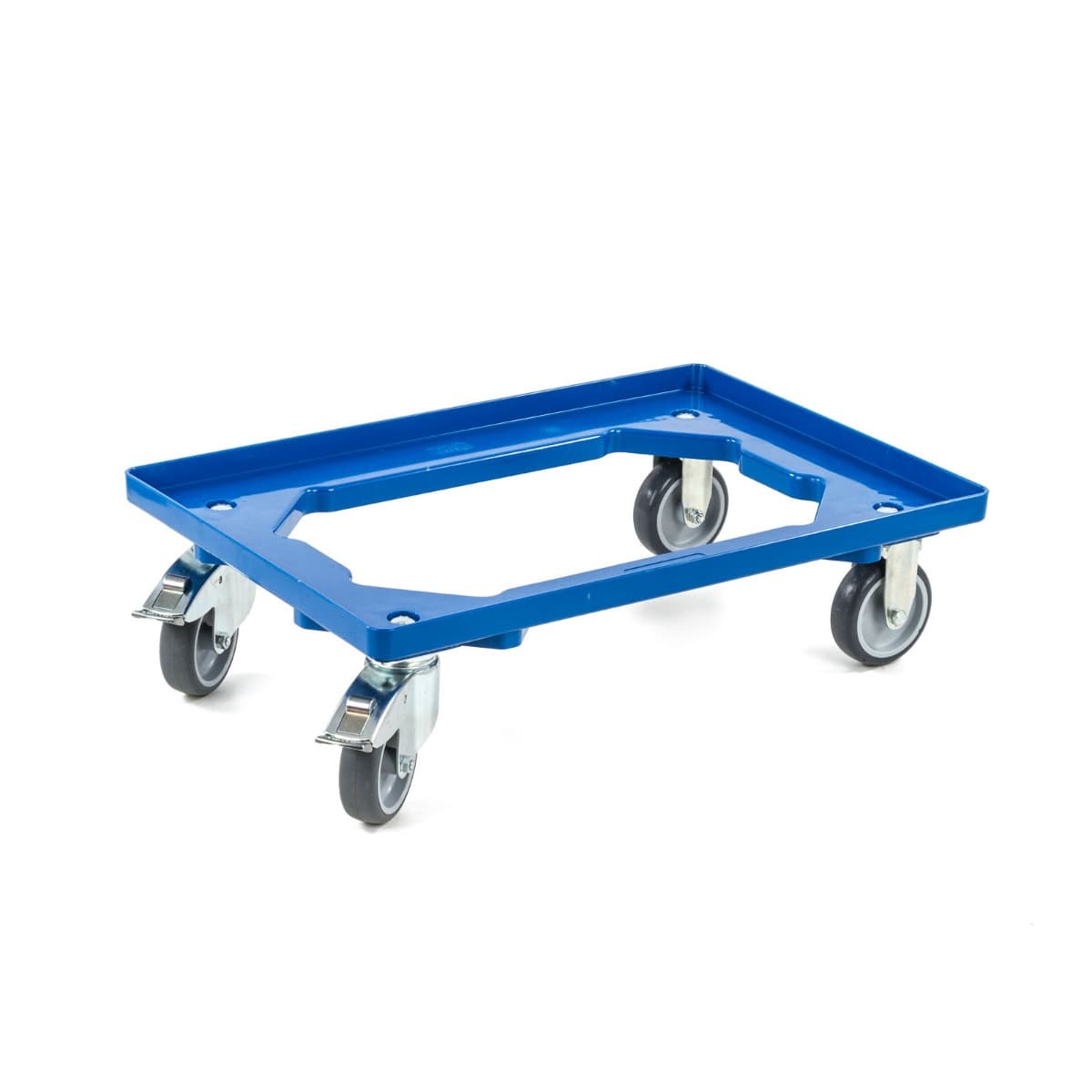 4 Kunststoff-Transportroller 600x400mm in Blau mit offener Ladefläche, leise laufenden Gummirädern, 2 Lenk- & 2 Bremsrollen, Flächenlast 300kg