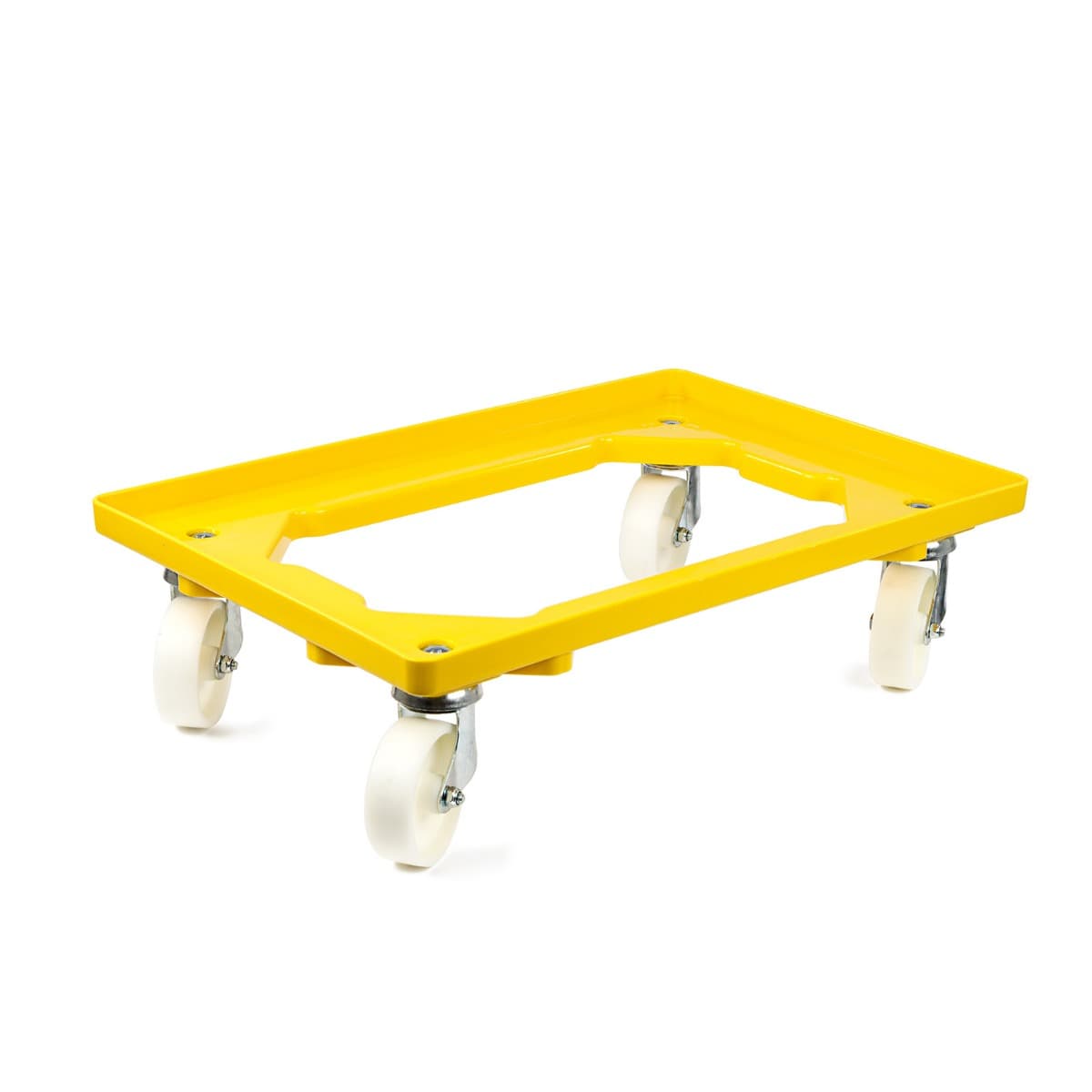 Kunststoff-Transportroller 600x400mm in Gelb mit offener Ladefläche, weißen Kunststoffrädern & 4 Lenkrollen, Flächenlast 300kg